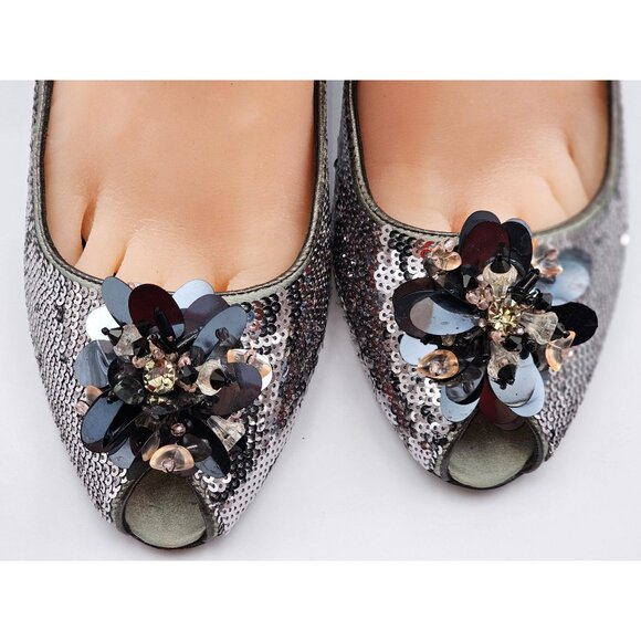 Prada Women's Silver Sequin Embellished High Heel Pumps Peep Toe Sz 9 (39.5) 374 - Picture 7 of 16